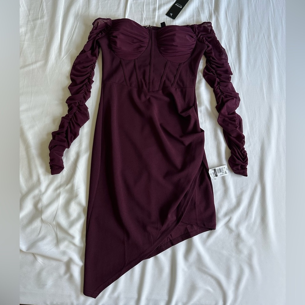 Plum off the shoulder asymmetrical dress